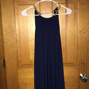 Dress, navy blue with gold details.